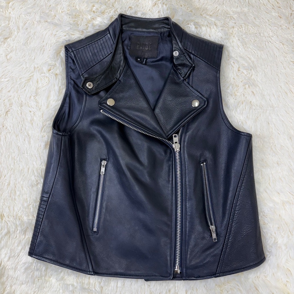 PAIGE Sia Leather Moto Vest Women Medium Dark Navy Biker Rocker Chic Goth‎ Punk